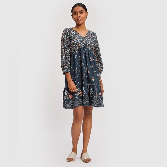 REISTOR Floral Flowy Deep V Short Dress Knee Length Size Small Organic NWT - Picture 2 of 12